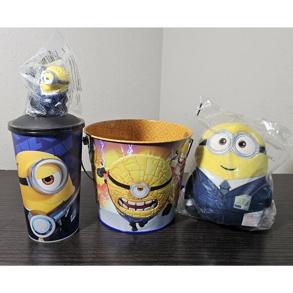 AMC 2024 Despicable Me 4 Tin Bucket / Cup Topper Plush Dave Bundle NEW - Picture 2 of 4